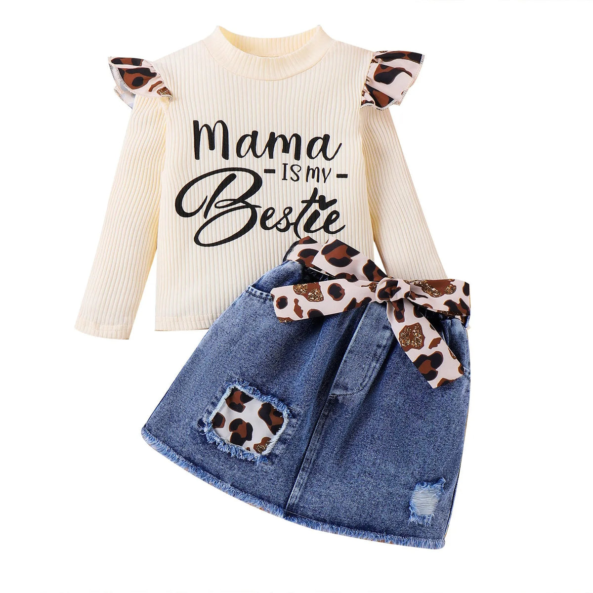 Girls' three-piece skirt suit in apricot with sunken stripe letter jacket and leopard patch denim skirt, sizes 4Y-7Y.