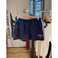 Women's dark blue cotton sports hot shorts with white flag embroidery, high top style
