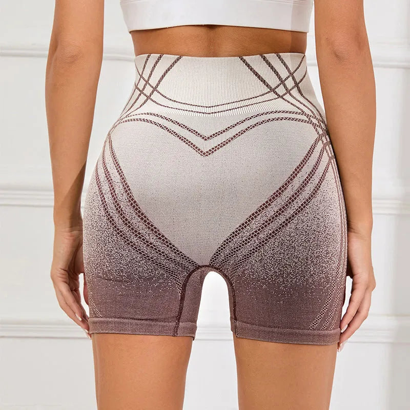 Women's black and brown gradient high waisted fitness shorts for yoga and running workouts
