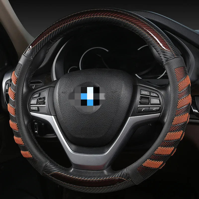 D-type steering wheel cover with 3D honeycomb pattern in carbon fiber fabric, fits 38cm wheel