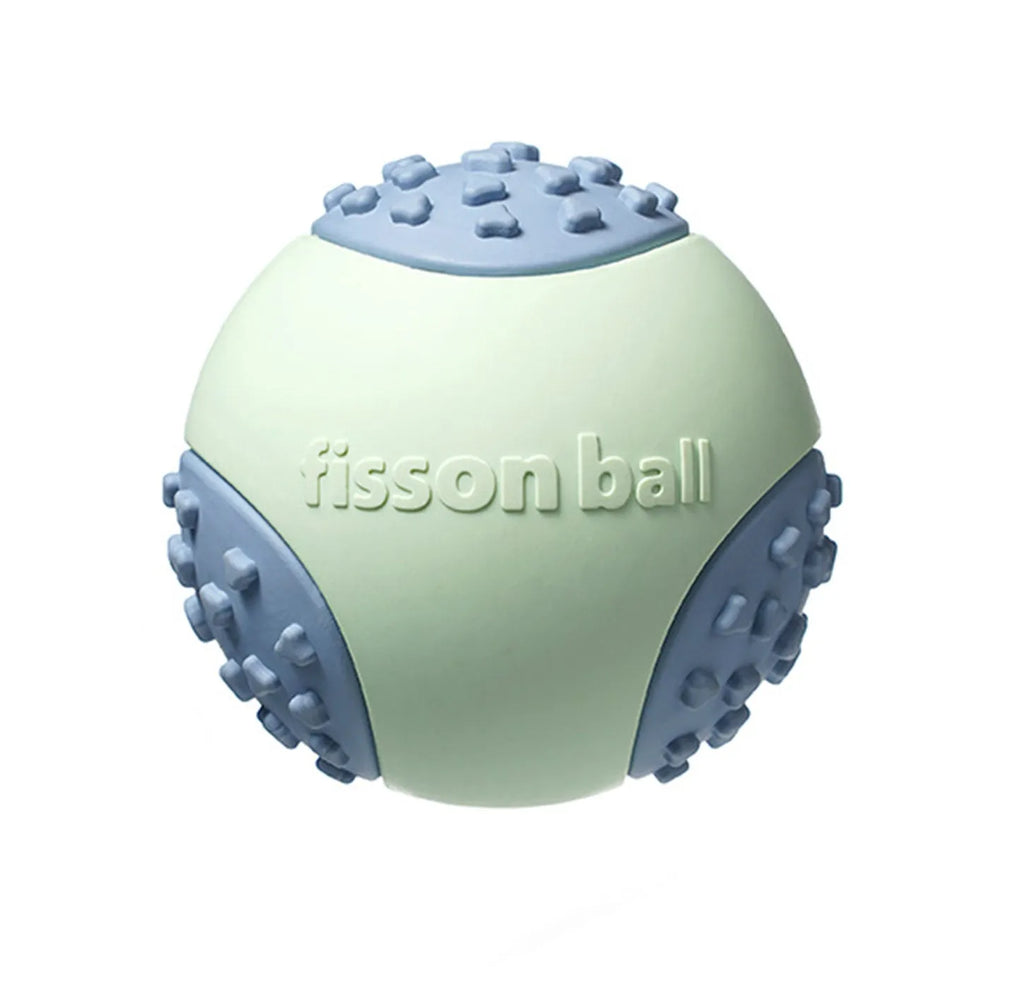 Green and pink durable plastic rolling ball dog toy with 64mm diameter.