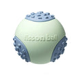 Green and pink durable plastic rolling ball dog toy with 64mm diameter.