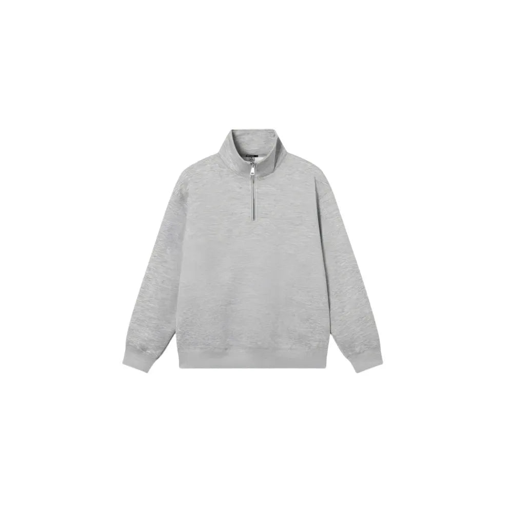 Grey half zipped stand collar cotton sweater hoodie for men and women on a hanger
