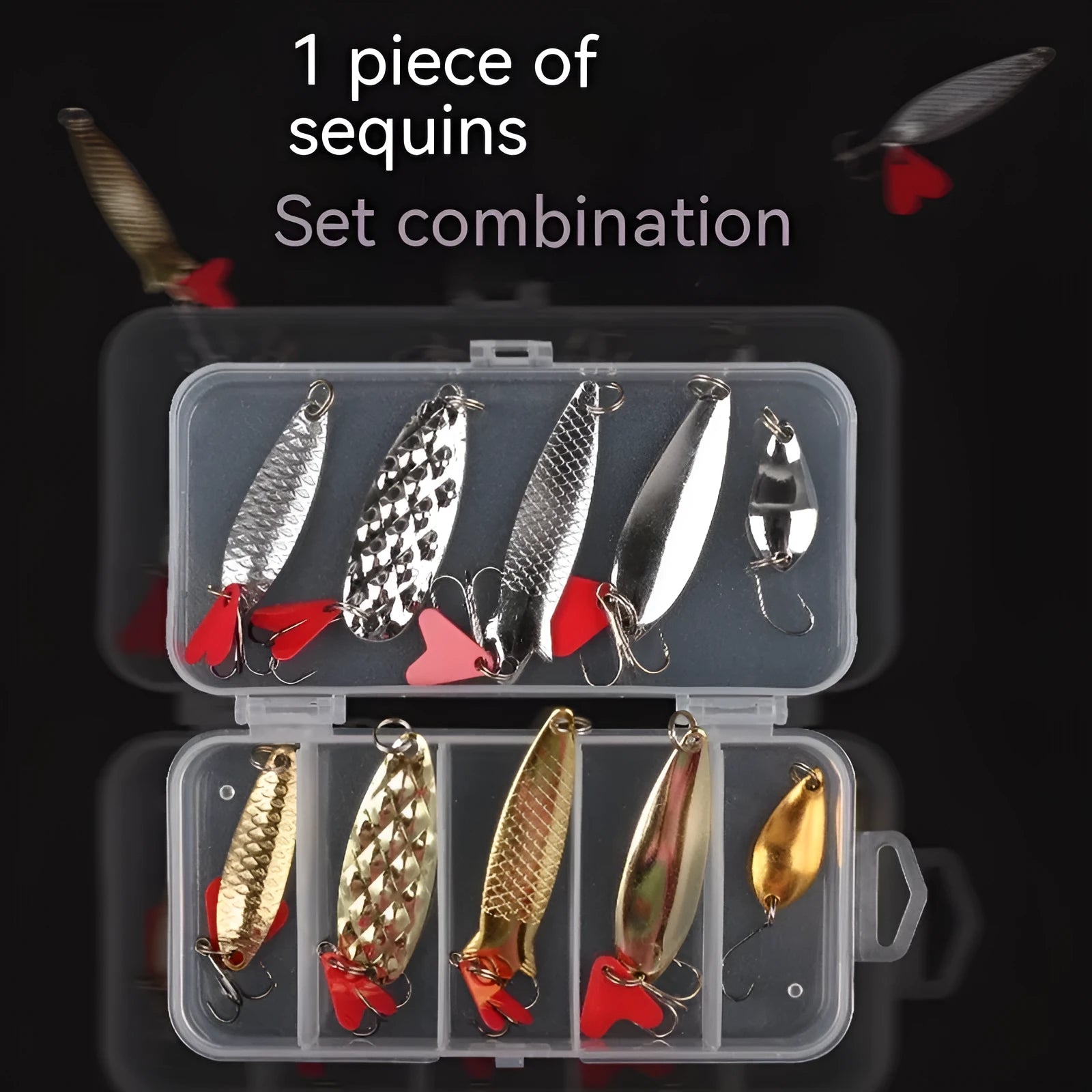 Metal pineapple-shaped fishing lure with sequin attachments in gold and silver colours