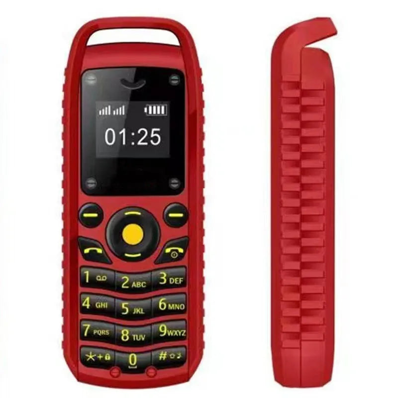 Button mobile phone in black with small screen, dual-card support, and no camera.