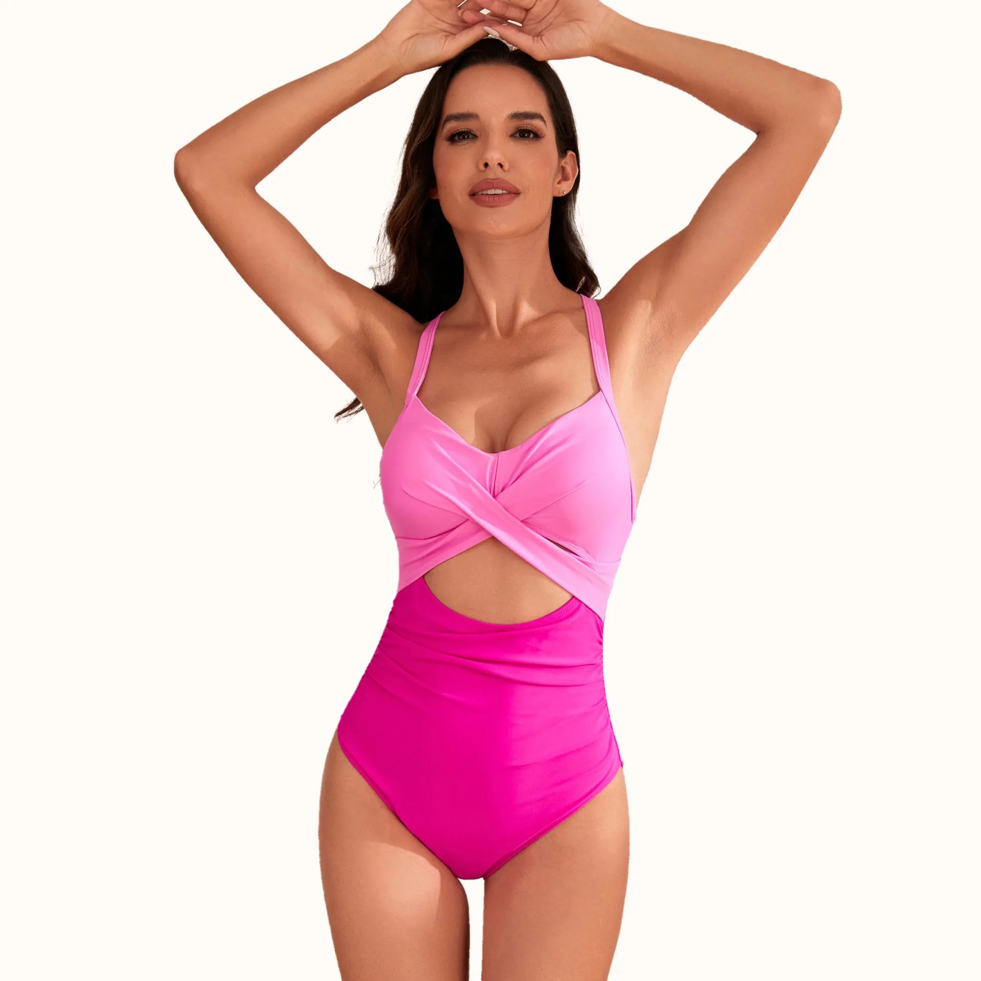 Women's solid colour high-waisted one-piece swimsuit on a hanger, showing the Rose Red colour option.