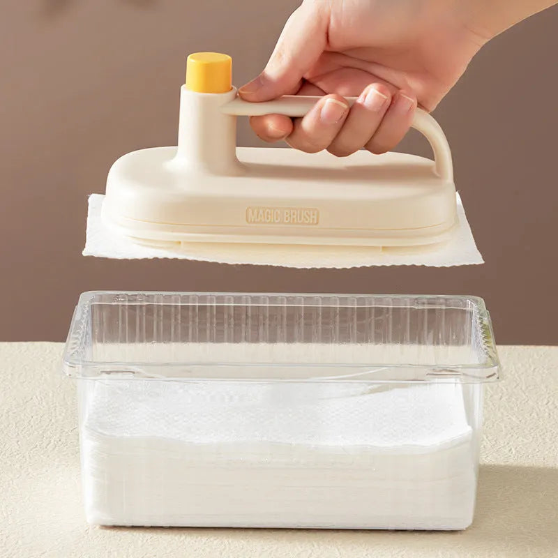 Magic Brush cleaning tool with disposable white rag heads for bathroom tile and glass cleaning.