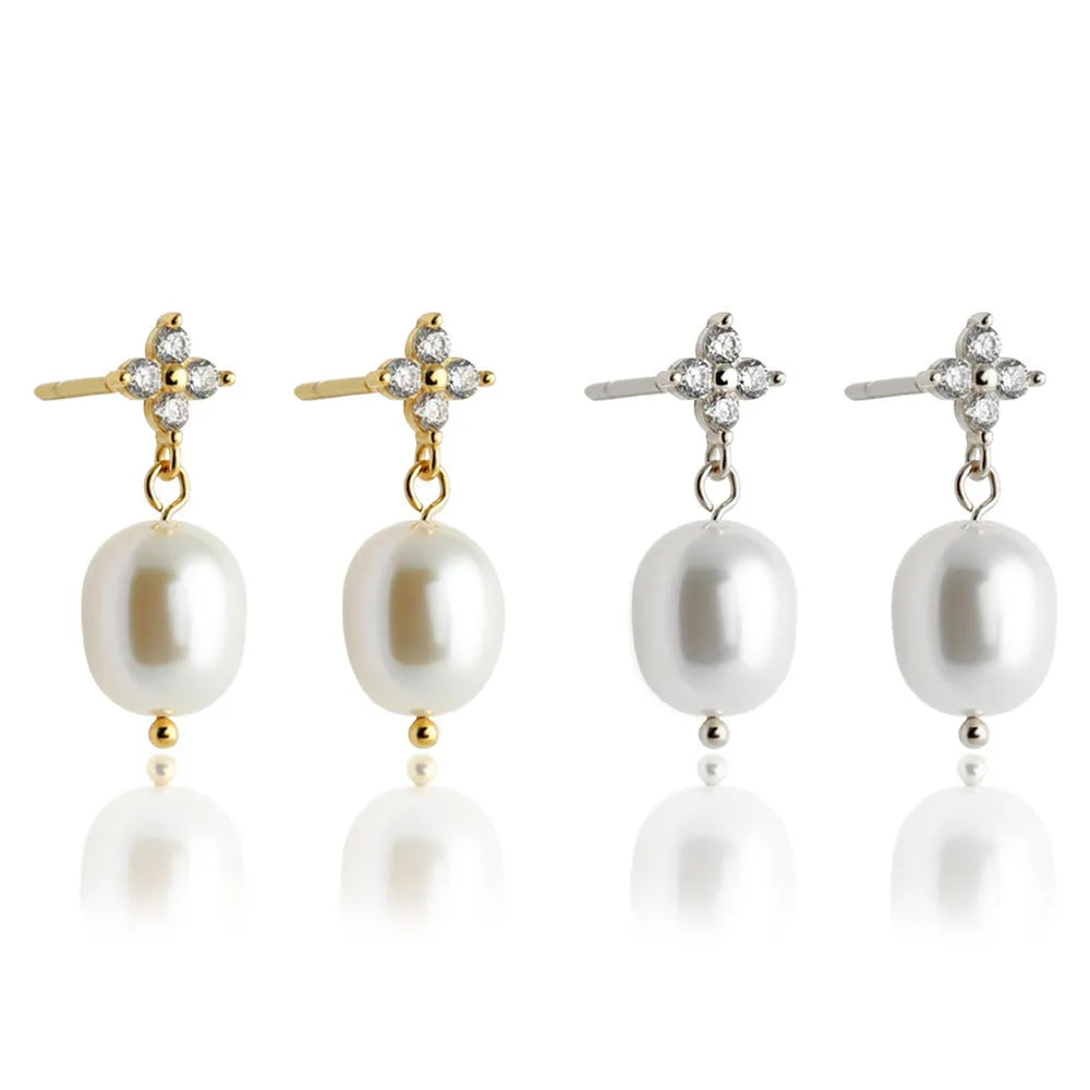 S925 sterling silver four-leaf zircon ear studs with pearl inlay, gold finish