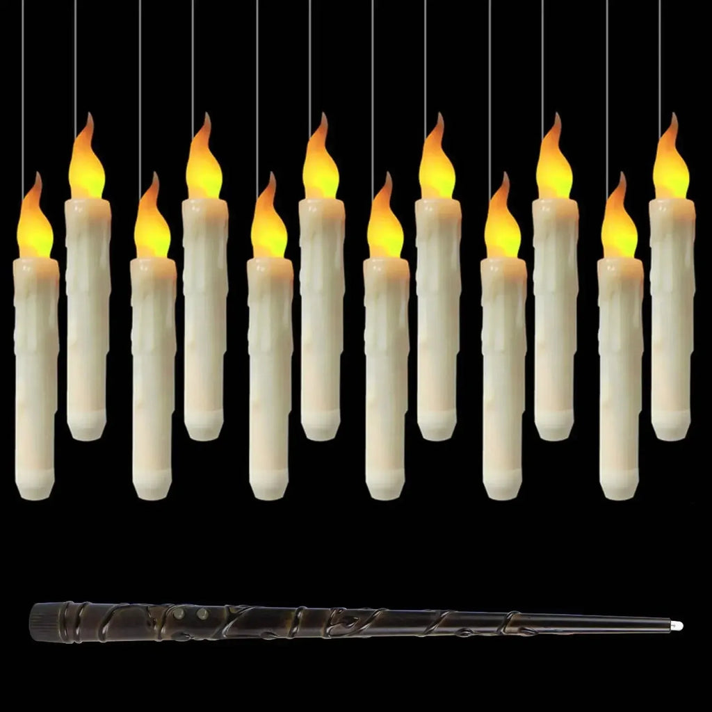 12 white floating LED candles with magic wand remote control and fishing line for hanging Christmas Halloween party decor