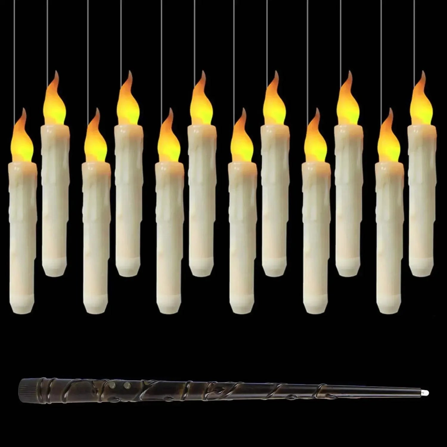 12 white floating LED candles with magic wand remote control and fishing line for hanging Christmas Halloween party decor