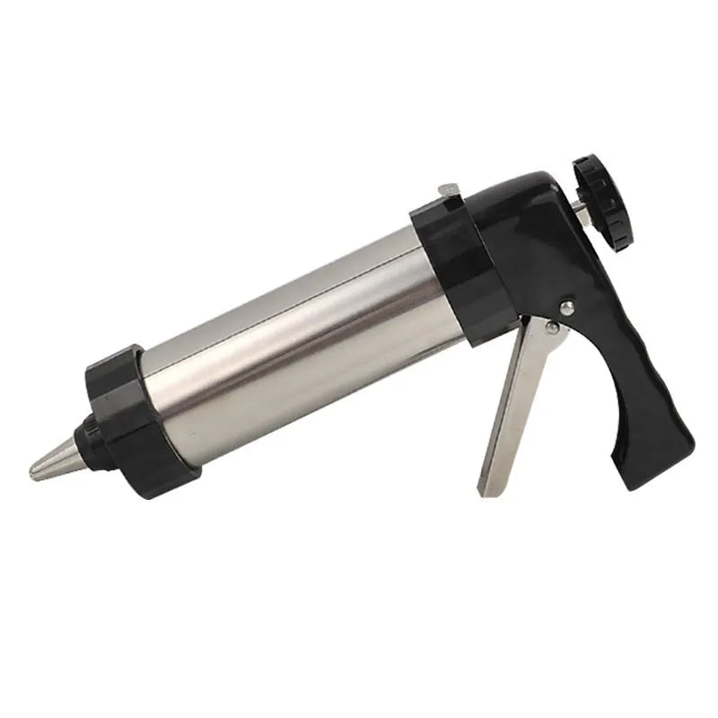 Stainless steel biscuit press gun with 13 cookie moulds and 8 piping nozzles for baking and cake decorating