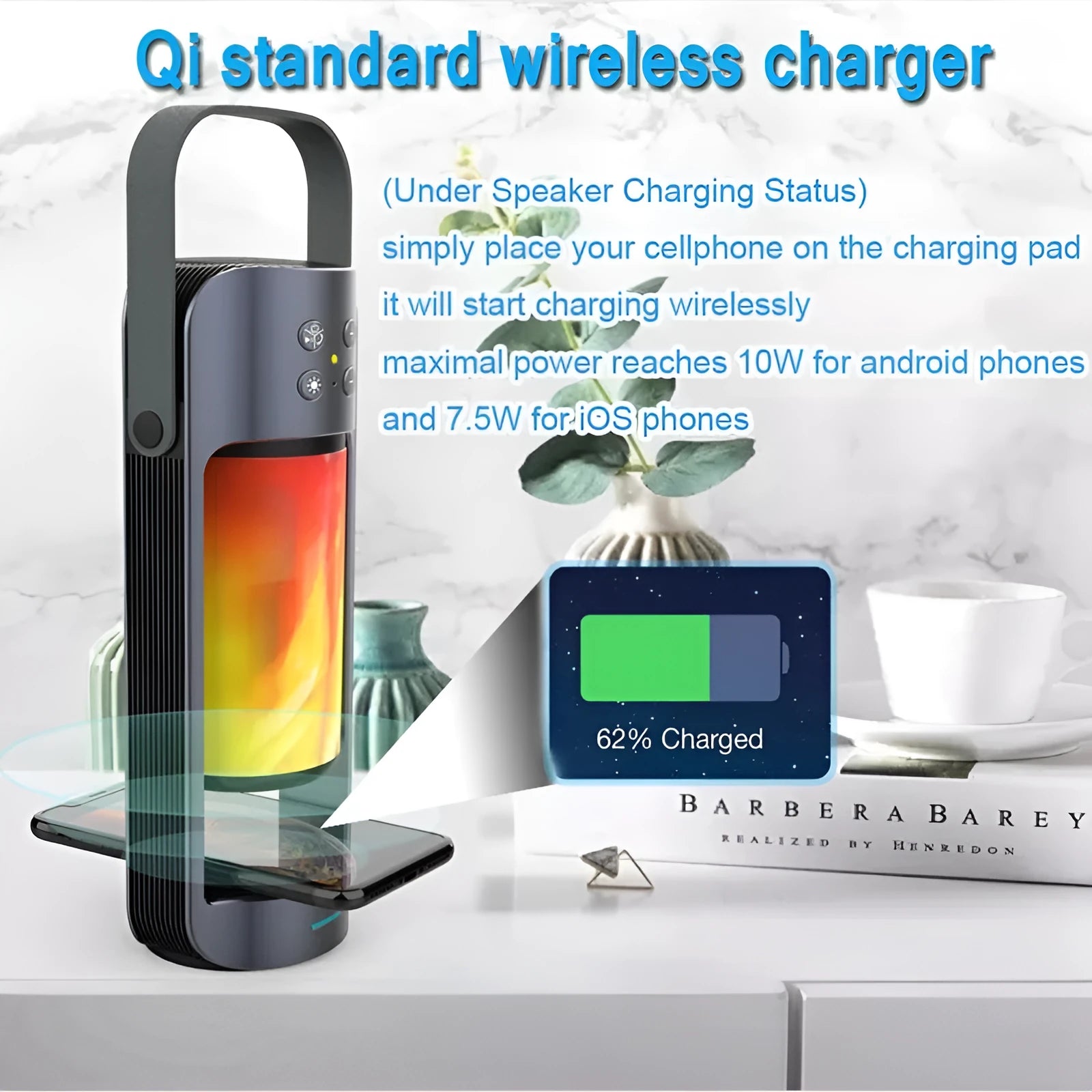 Blue portable Bluetooth speaker with dancing flame light effect showing wireless charging capability