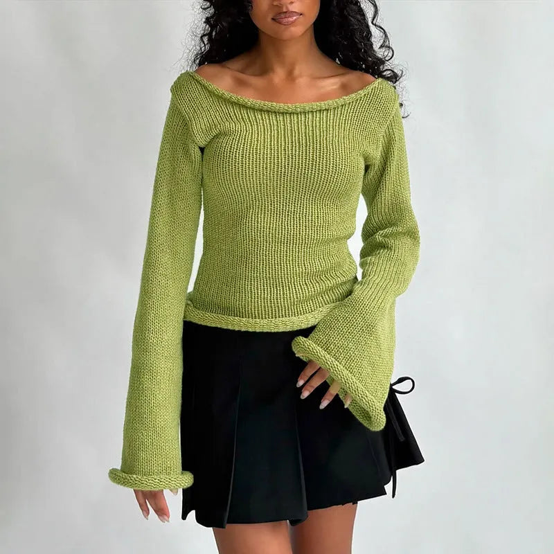 New solid colour slim-fit bell sleeve t-shirt with boat neck in burgundy, front view on model