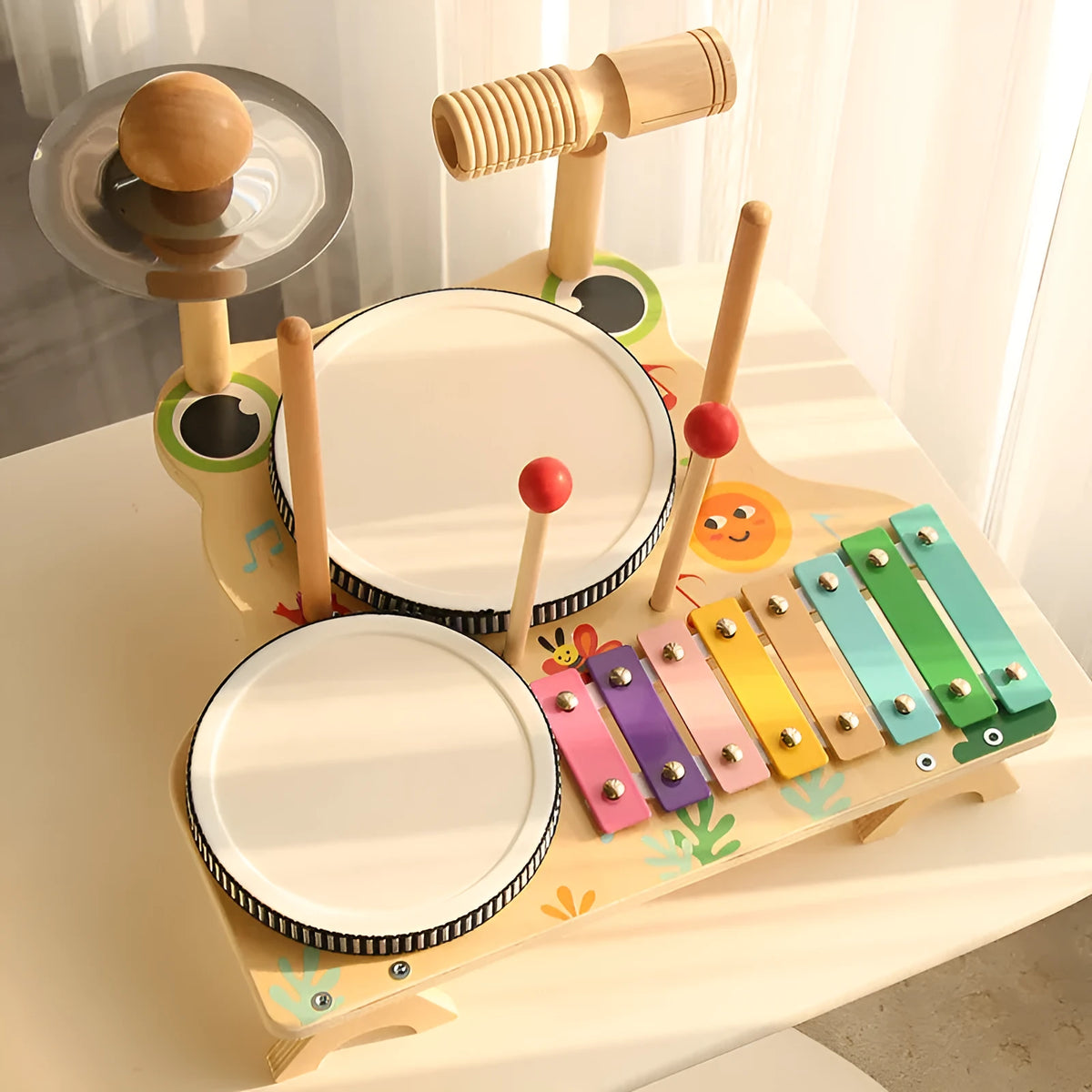 Wooden frog multi-functional drum kit early educational toy, 33 x 30 x 23cm, colour box, for children aged 3-6 years