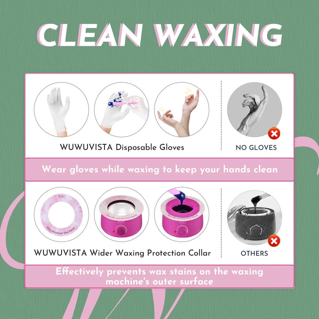 WUWUVISTA 56-piece hard wax hair removal kit with warmer, beads, silicone tools, and aftercare products.