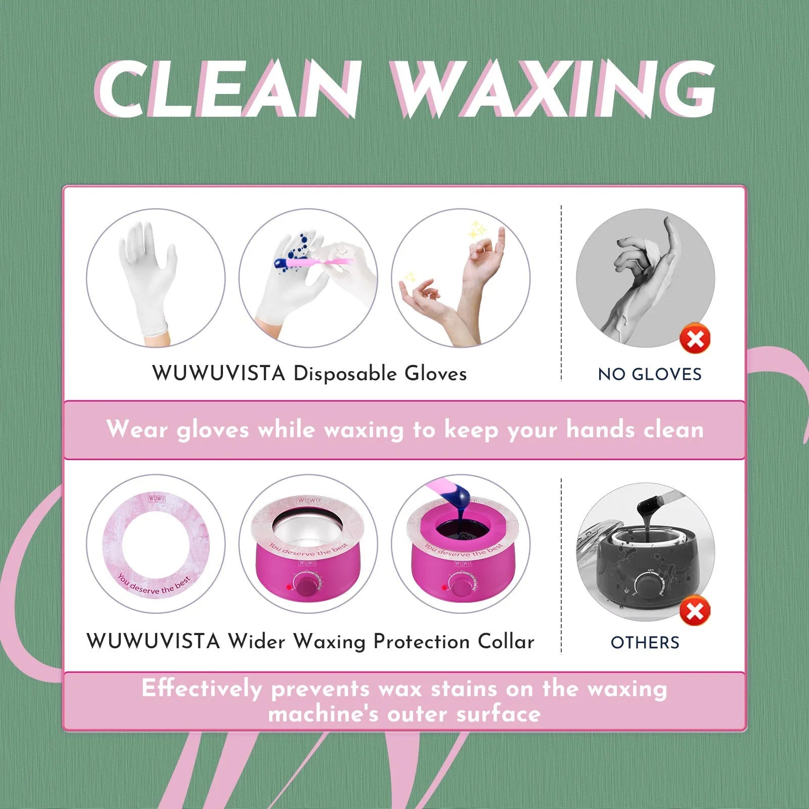 WUWUVISTA 56-piece hard wax hair removal kit with warmer, beads, silicone tools, and aftercare products.