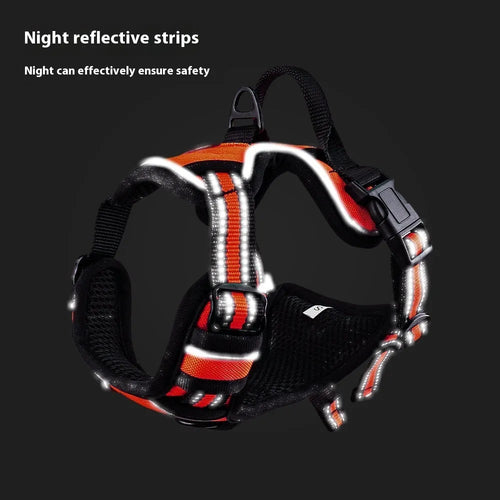 Adjustable dog chest strap harness in Oxford cloth, shown in various colours and sizes.