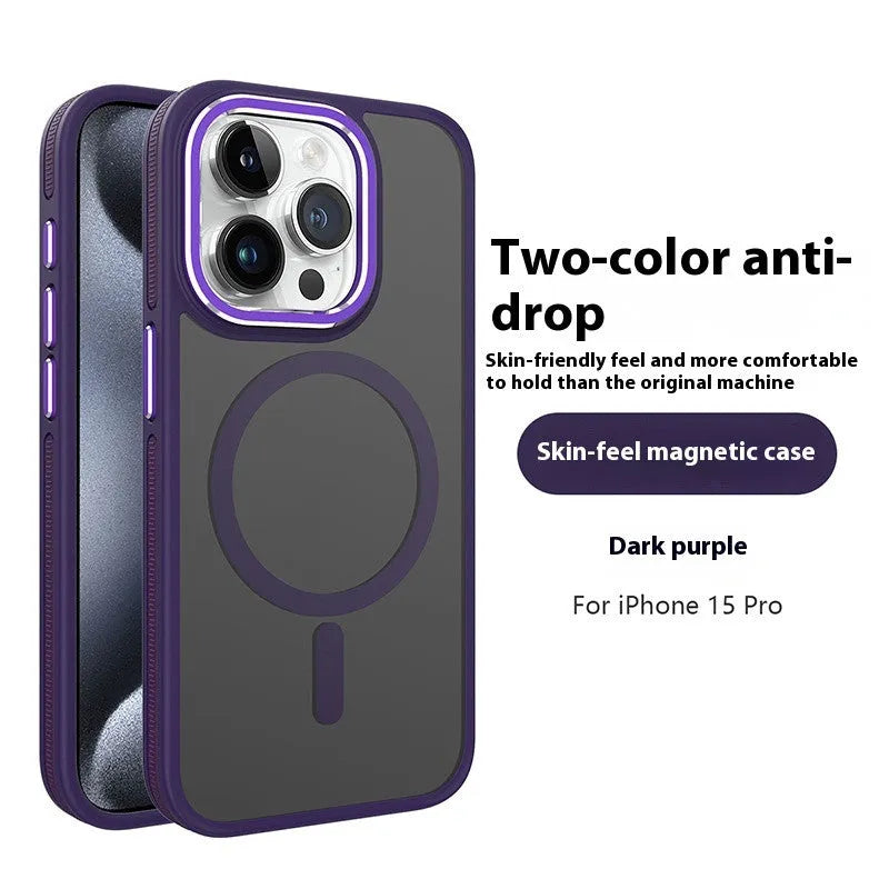 Magnetic frosted TPU phone case for iPhone 14 with metal lens ring in black