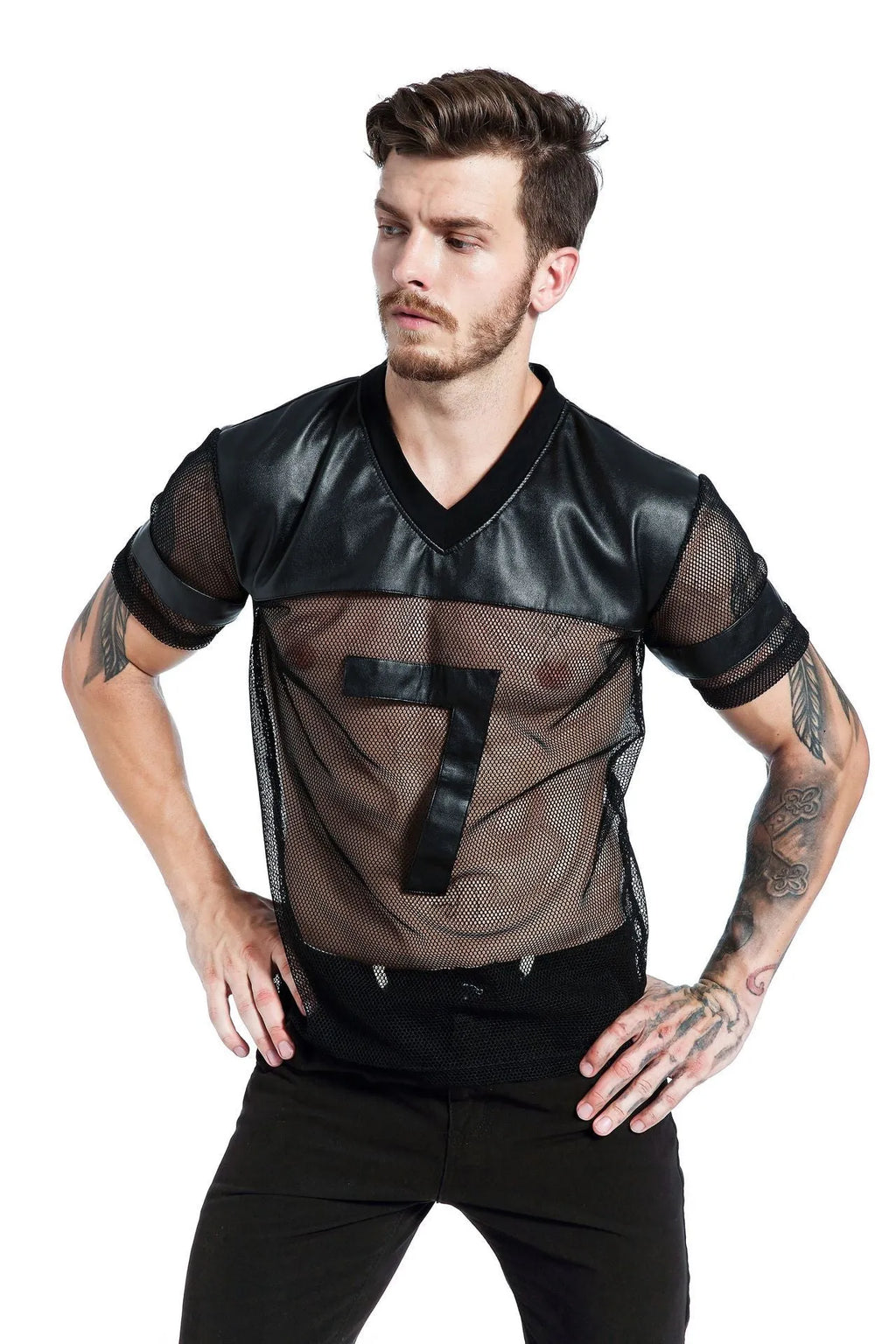 Men's black V-neck running t-shirt with mesh fabric and stitching detail