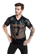 Men's black V-neck running t-shirt with mesh fabric and stitching detail