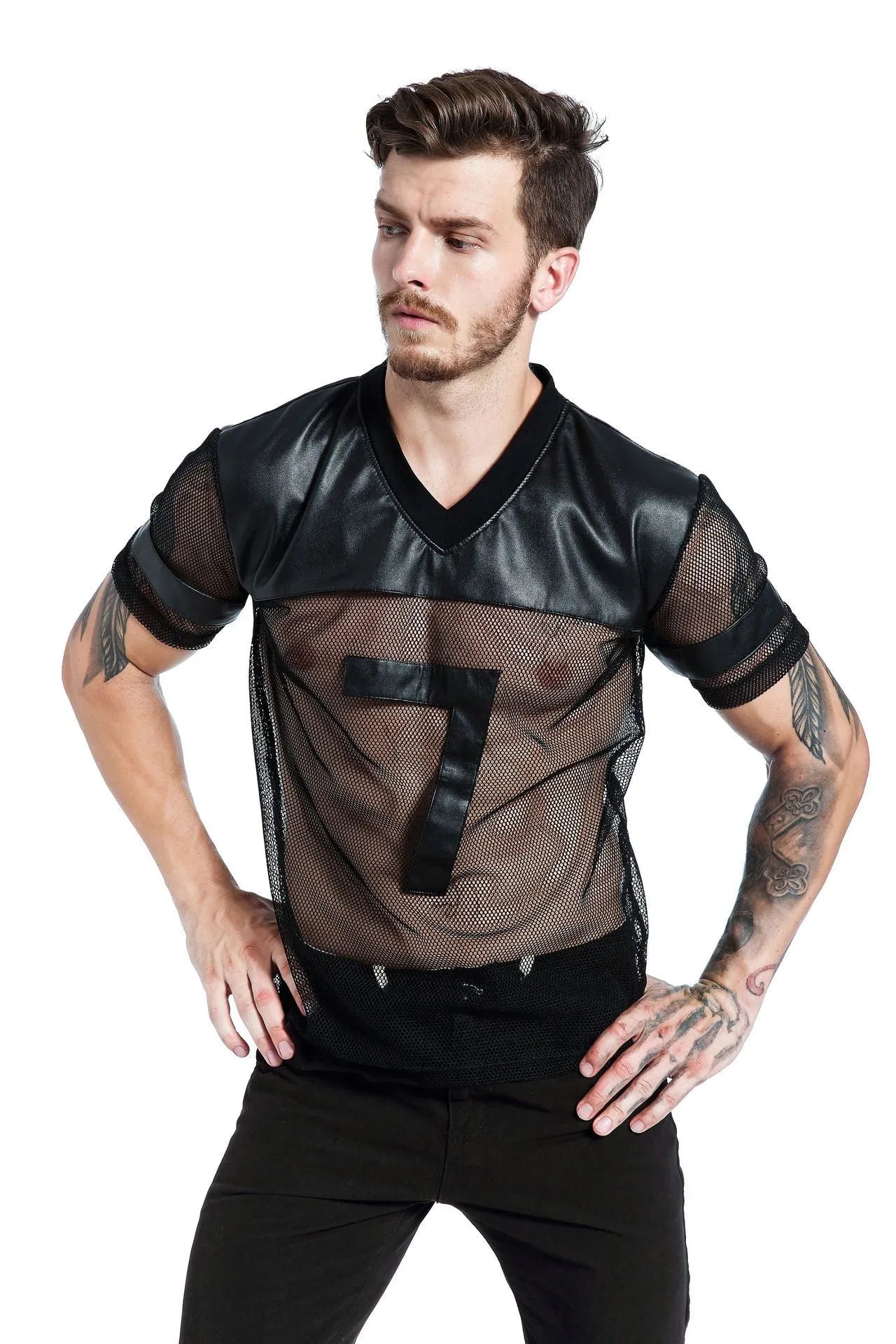 Men's black V-neck running t-shirt with mesh fabric and stitching detail