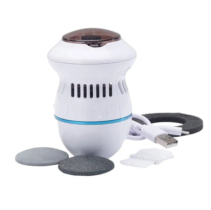 Beige and white electric foot file grinder with USB cable and two diamond grinding heads on a plain background