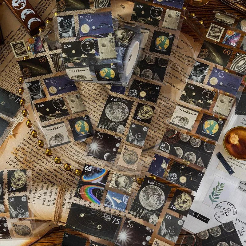 A roll of retro-patterned coated paper stamp stickers, 55mm wide, for DIY journal decoration.