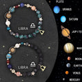 Two adjustable natural stone beaded bracelets for zodiac signs on a wrist.