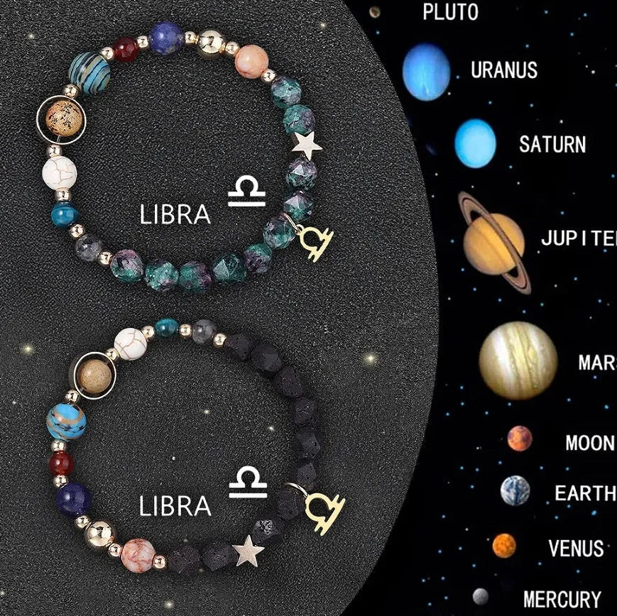 Two adjustable natural stone beaded bracelets for zodiac signs on a wrist.