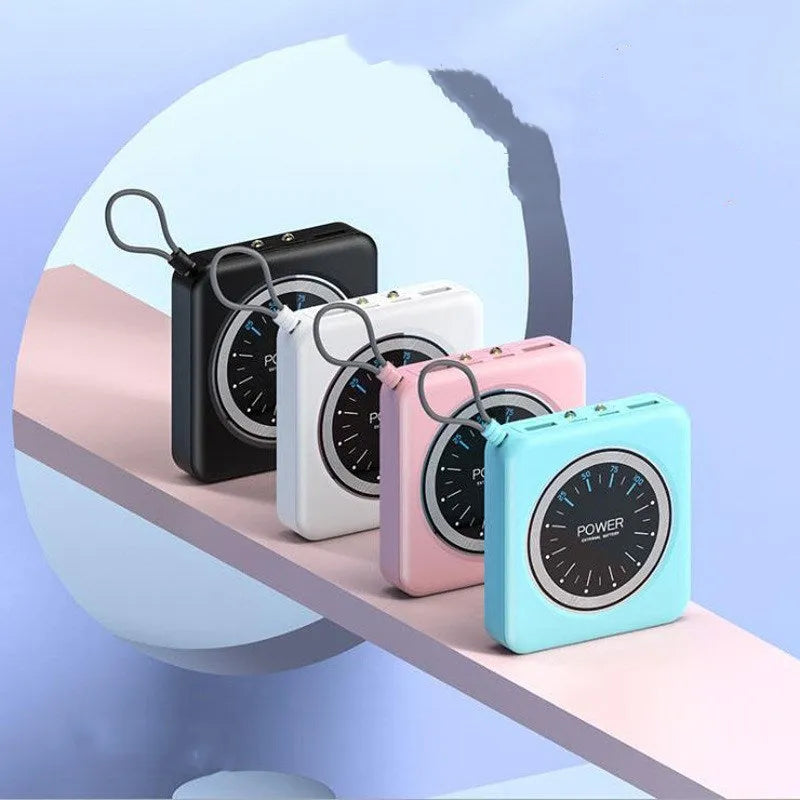 Slim mint green alloy power bank with digital clock display showing time and dual USB ports