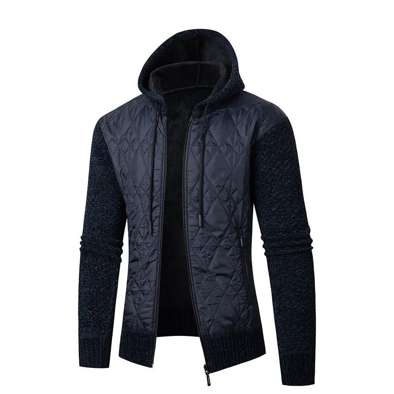 Men's grey hooded cardigan sweater coat made of wool and corduroy with a cinched waist.