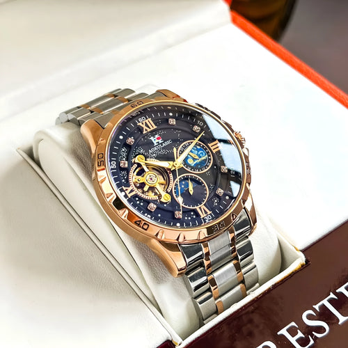 Automatic mechanical men's watch with rose gold case and black dial on wrist.