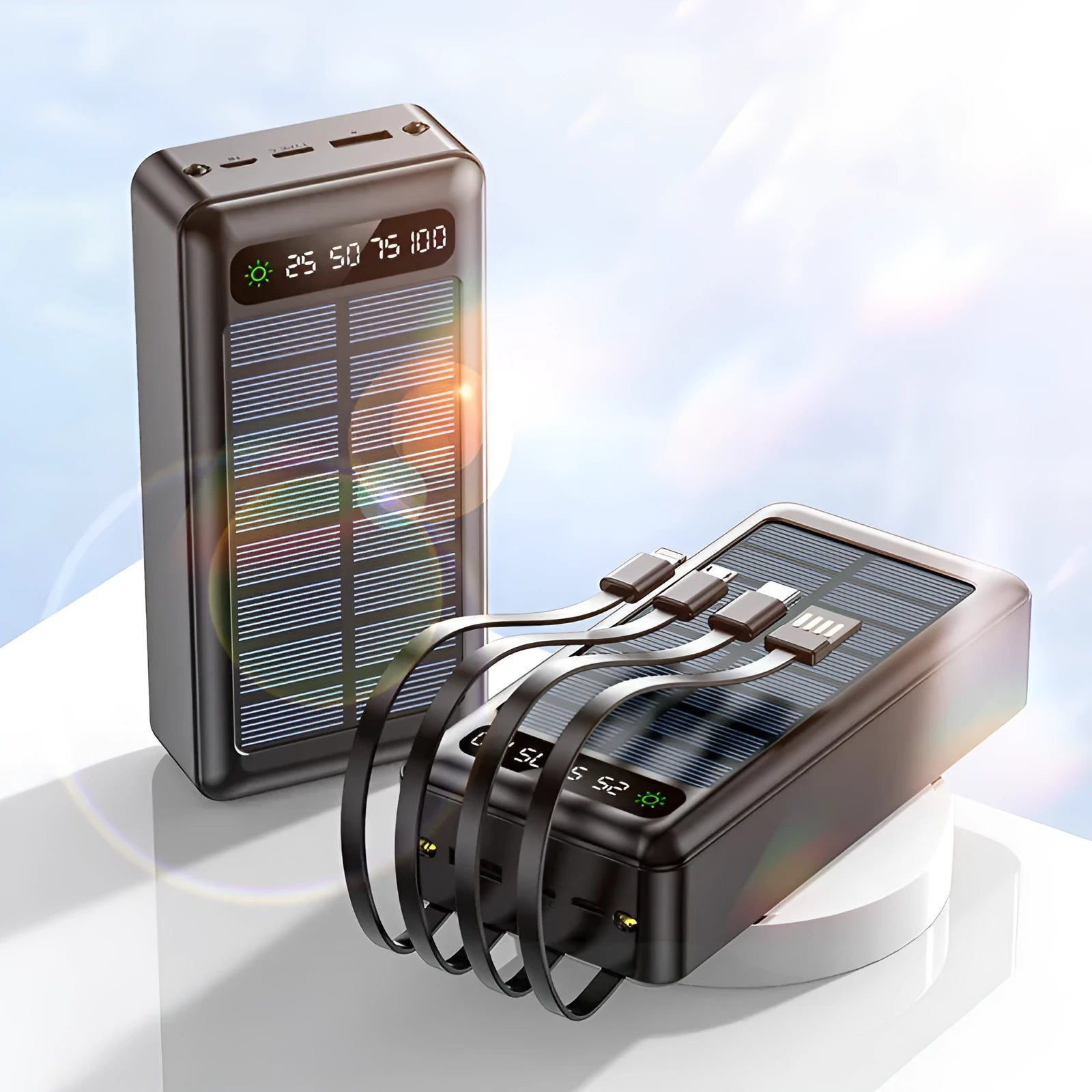 Solar power bank with cable in black, white or green colour with 30000 mAh capacity