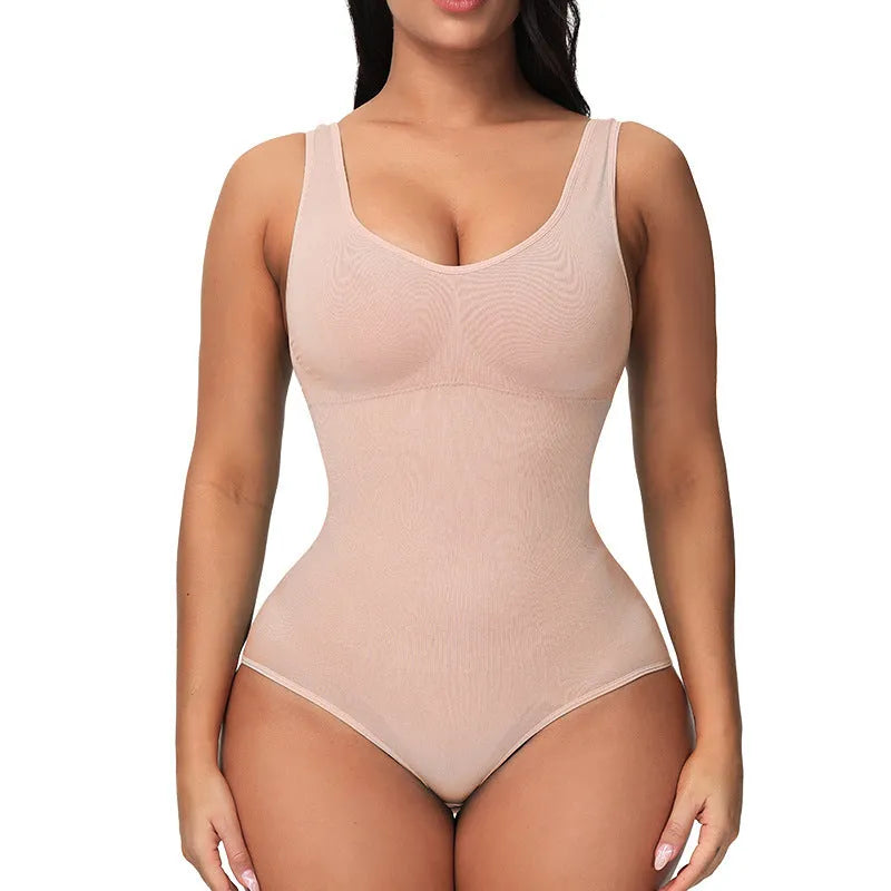 Green seamless nylon corset bodysuit for women on a hanger, showing its one-piece shaping design.
