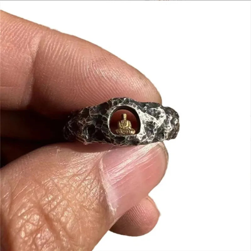 Hand-forged copper Grotto Buddha ring with a rock texture surface, shown in size no. 8.