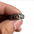Hand-forged copper Grotto Buddha ring with a rock texture surface, shown in size no. 8.