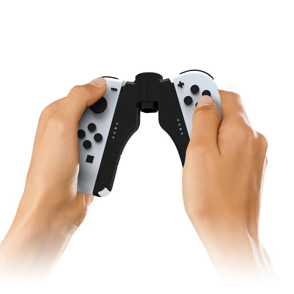 Black ABS four-in-one Joy-Con charger holder with Type-C interface for Switch OLED and Switch rod end.