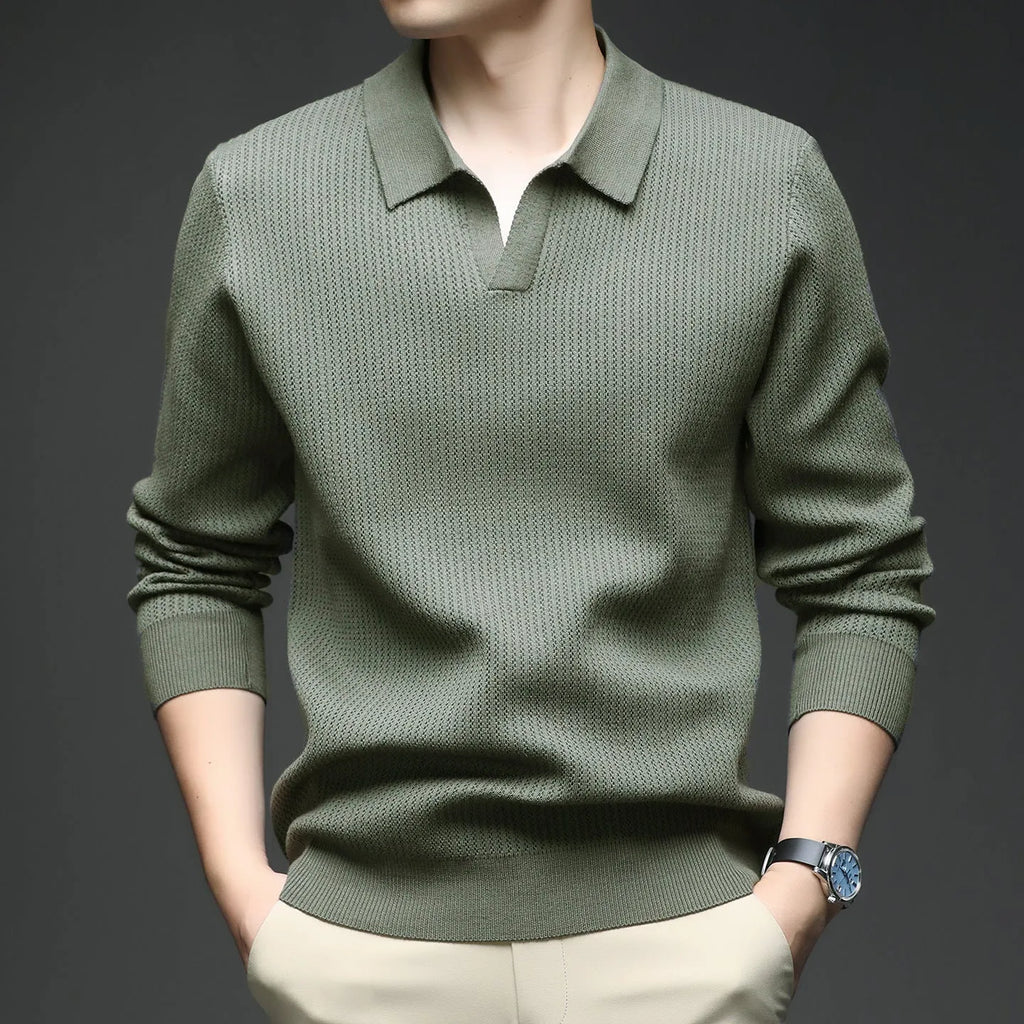 Men's loose pullover sweater in green colour showing casual pullover style and regular thickness fabric