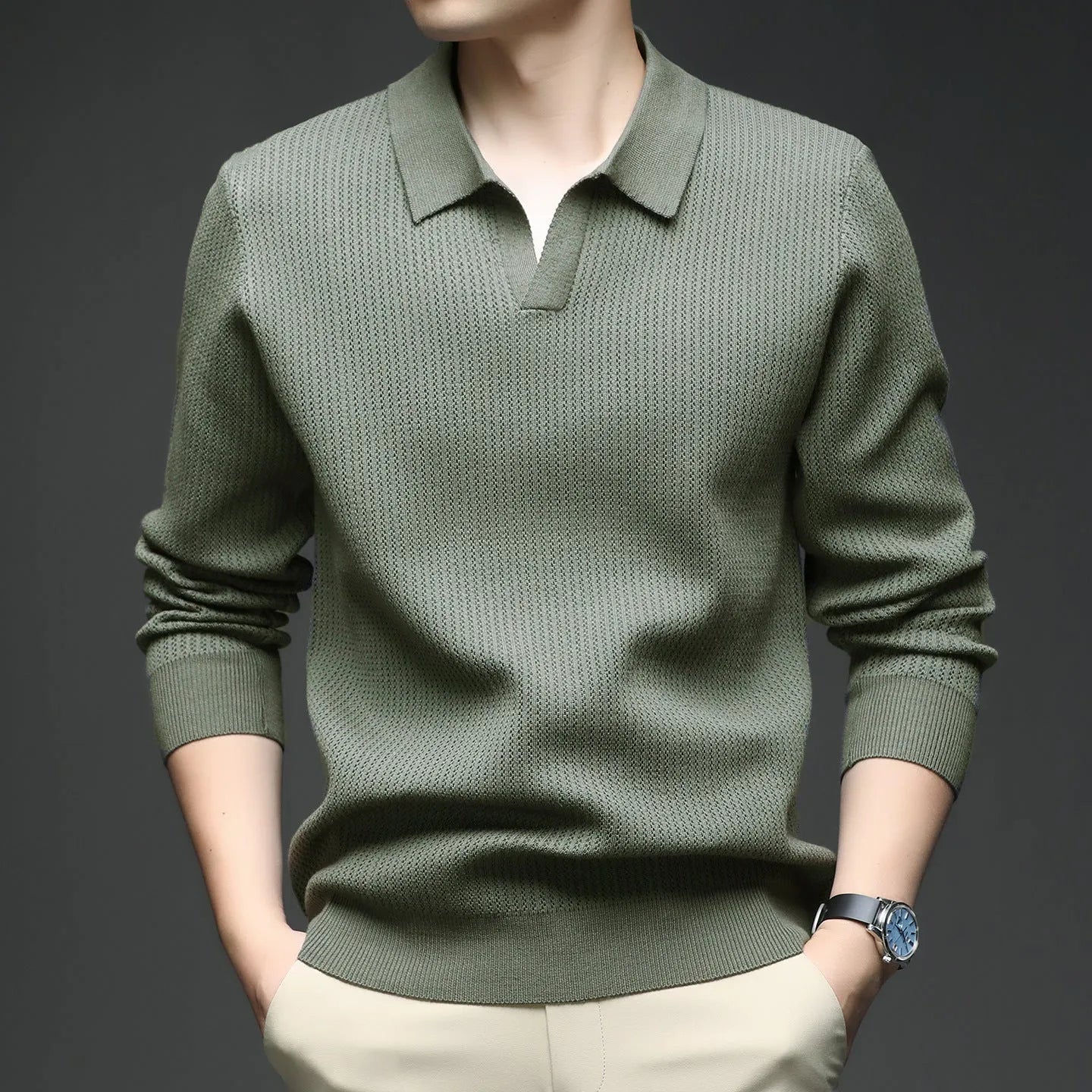 Men's loose pullover sweater in green colour showing casual pullover style and regular thickness fabric