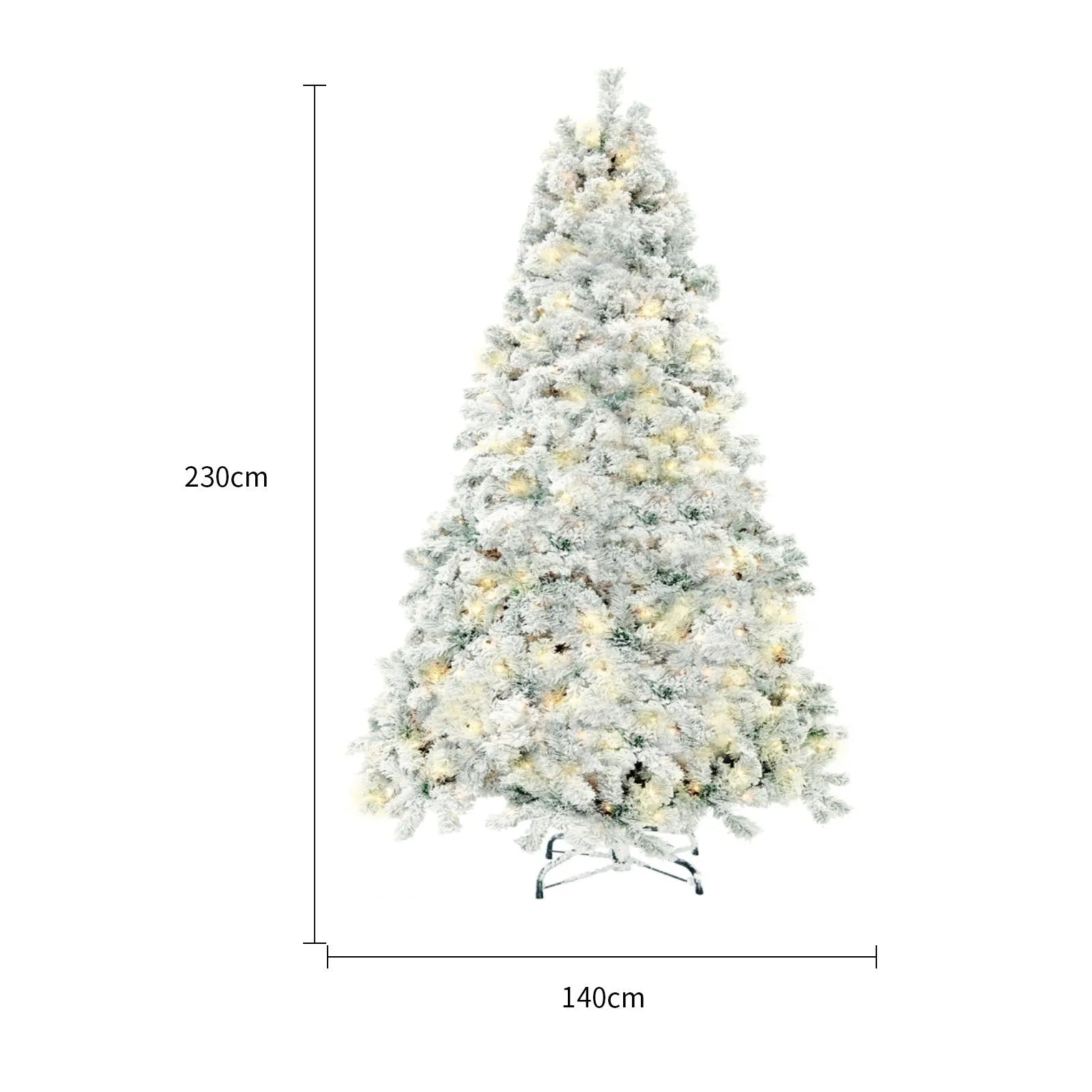 Artificial green and white snow-effect PVC Christmas tree with metal stand.