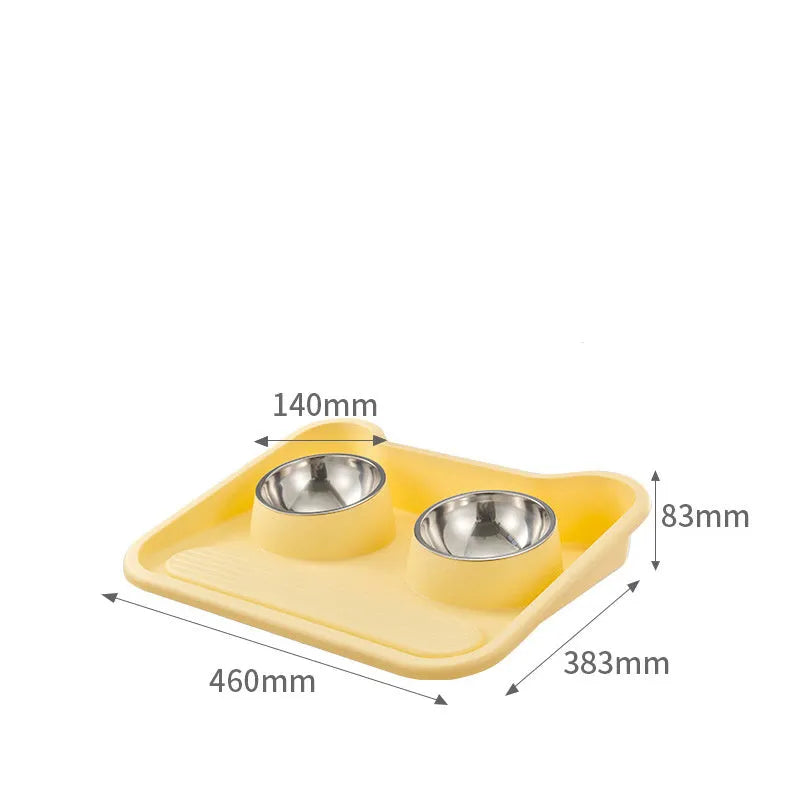Stainless steel tilted double bowl pet food utensils in Gray, Green, and Yellow colours