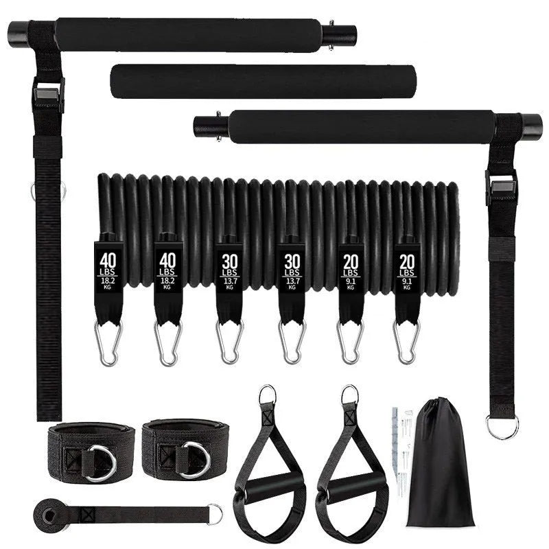 Yoga gymnastic bar resistance band set with 180-pound tension in pink and black TPE ribbon style.