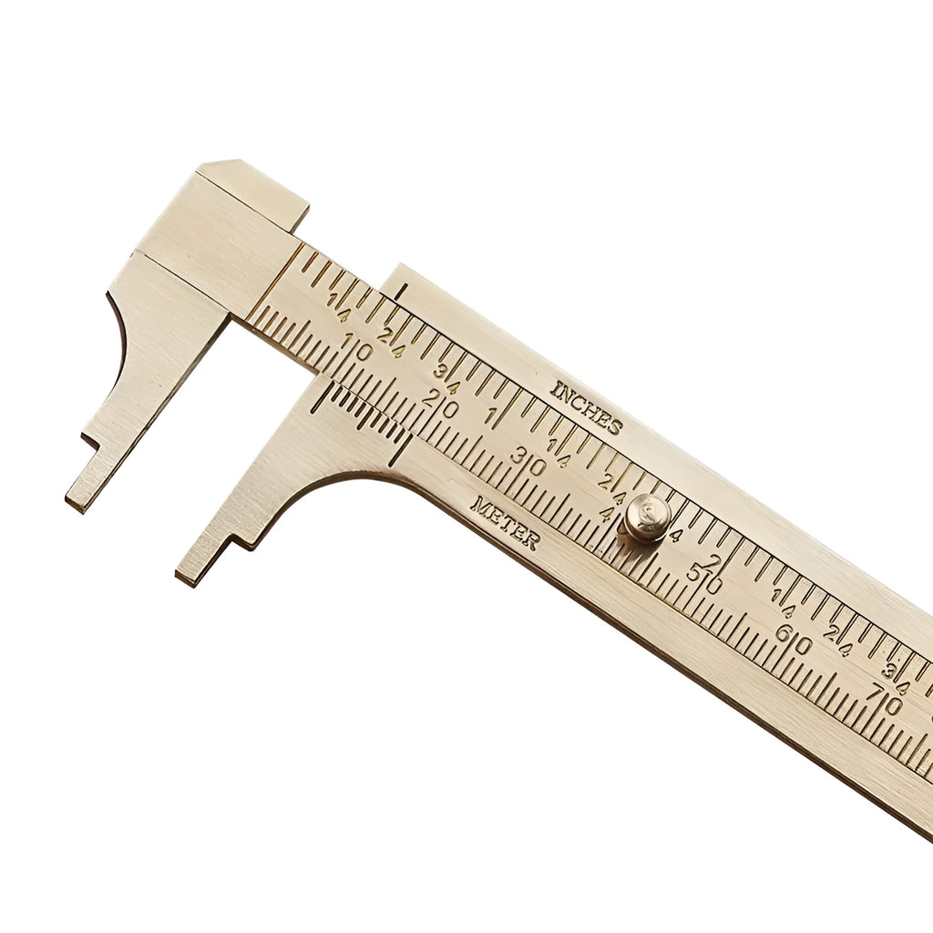 Double scale mini copper caliper 100mm brass vernier with clear markings on wooden surface