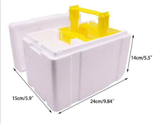 Three white EPS foam bee transport boxes for beehive supplies.