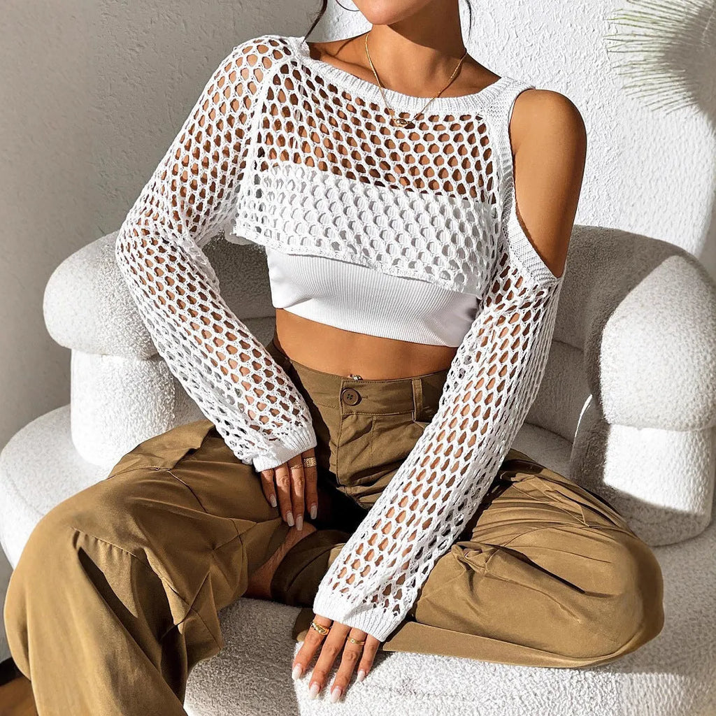 Women's mesh shirt with hollowed navel design in polypropylene fabric shown in multiple colours