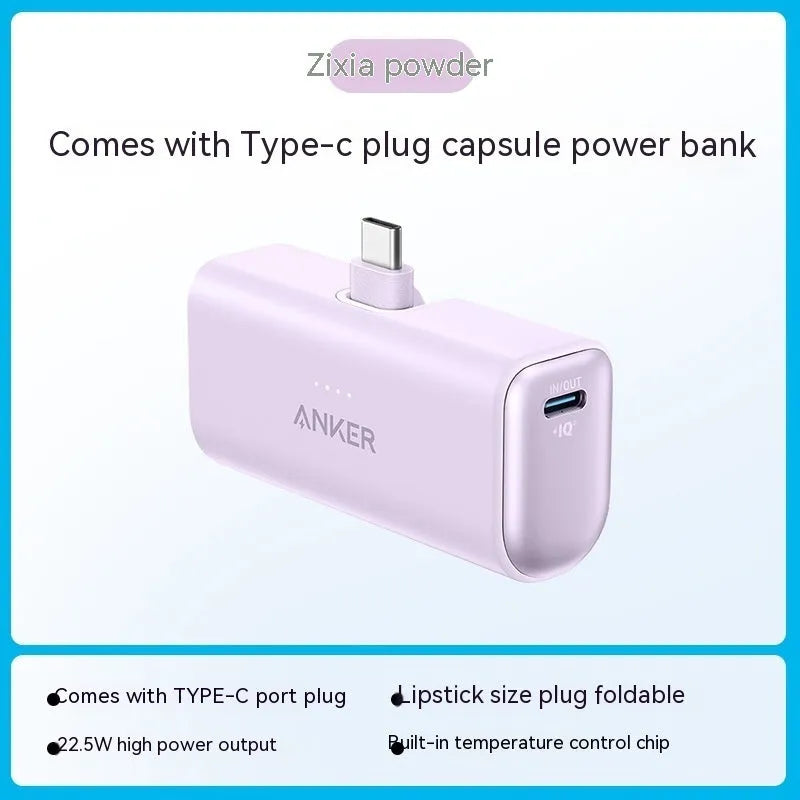 Small capsule-shaped 5000mAh power bank with foldable USB-C head in multiple colours.
