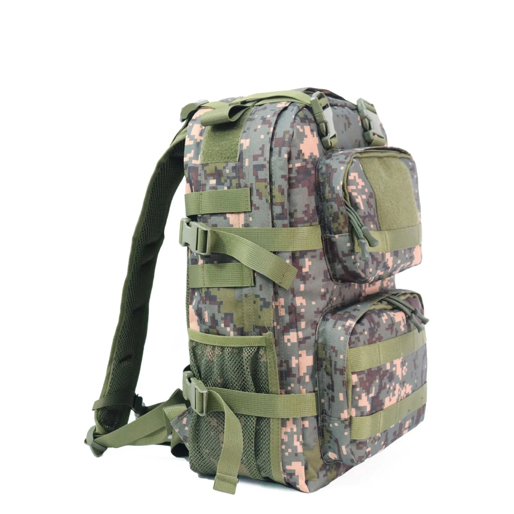 Green camouflage waterproof outdoor rucksack with black straps and a 20-litre capacity.