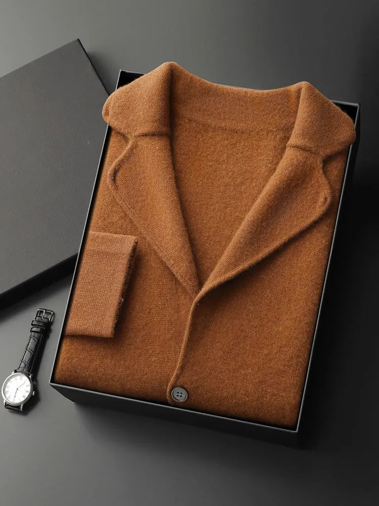 Lapel men's solid colour cashmere cardigan sweater with a loose fit and thickening knit.
