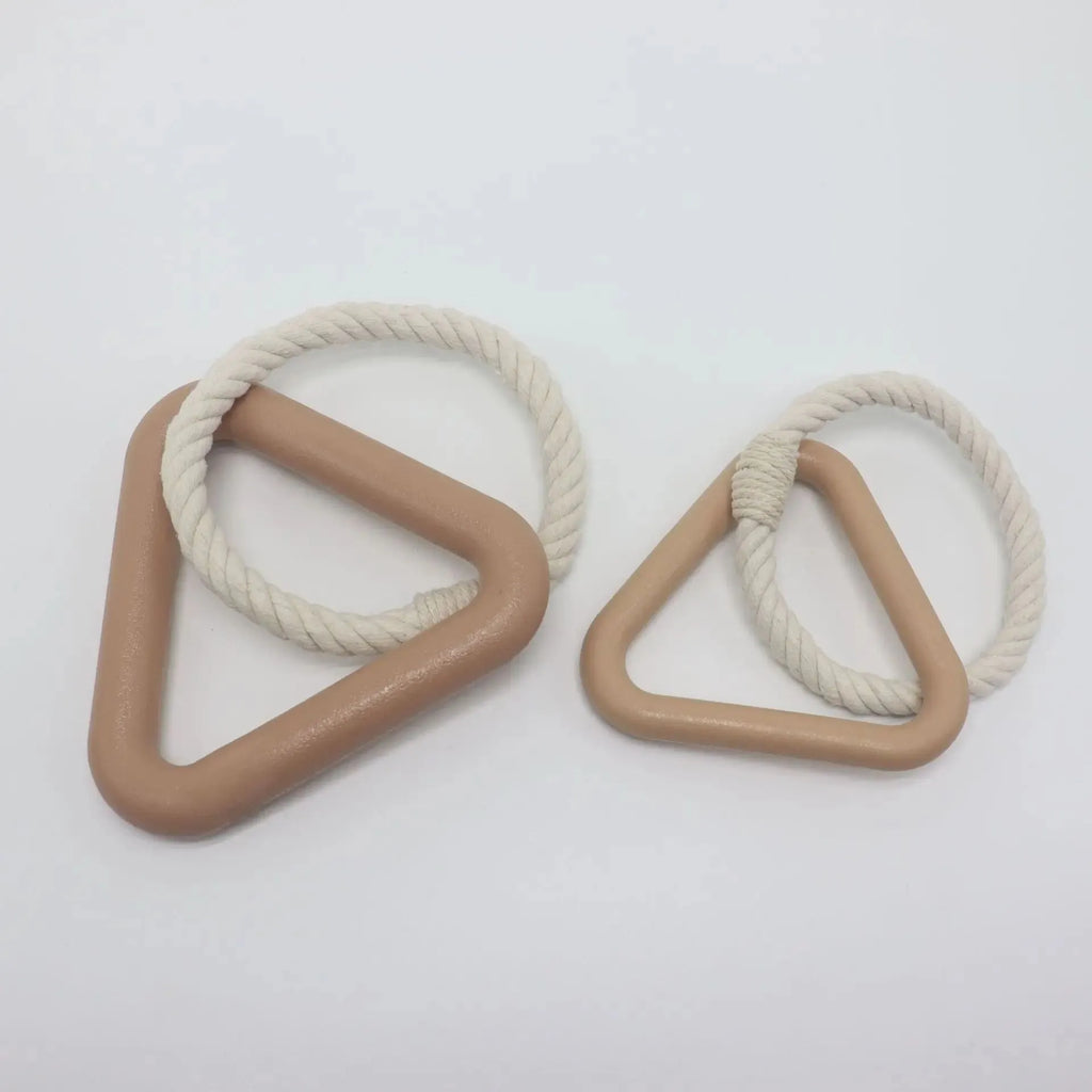 Large triangular pet pull ring toy made from cotton rope in beige, pink, or purple colour.