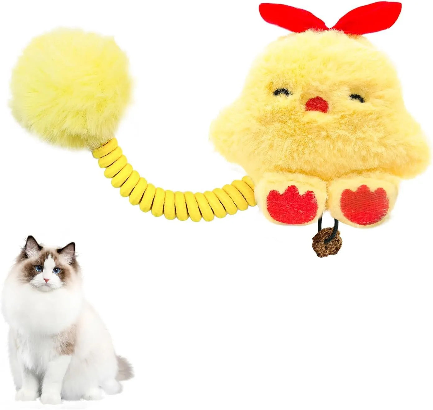 Set of interactive cat toys including a plush animal, silvervine fruit, a spring, and a fuzzy ball.